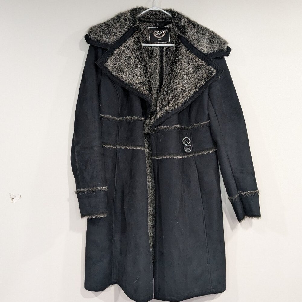 RW&CO. Black Trench Coat with Gray Faux Fur Trim